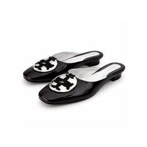 Tory Burch Patos Logo Kitten Heel Mules Black Leather Womens 6.5 New